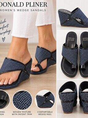 Donald Pliner Women 9.5M Blue Woven Toe Ring Comfort Wedge Sandals Worn 2x EUC